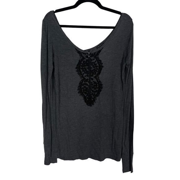 Theory Womens M Gray Black Lace Applique VNeck Long Sleeve Top Pima Cotton Modal - Picture 1 of 9